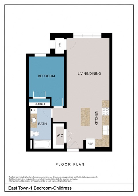 Floor plan for 1 bed, 1 bath, 638 sqft